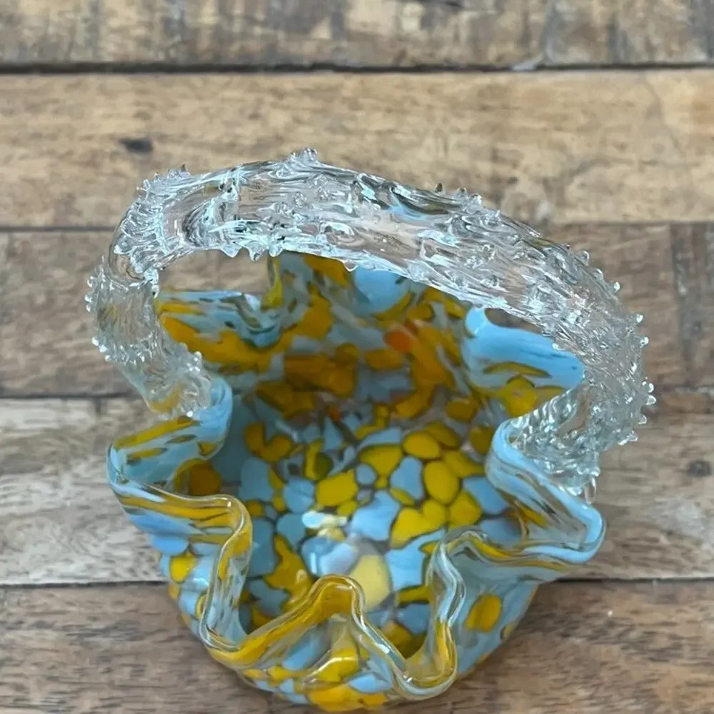 Czech Spatter Glass Ruffled Basket with Thorn Tree Branch Handle